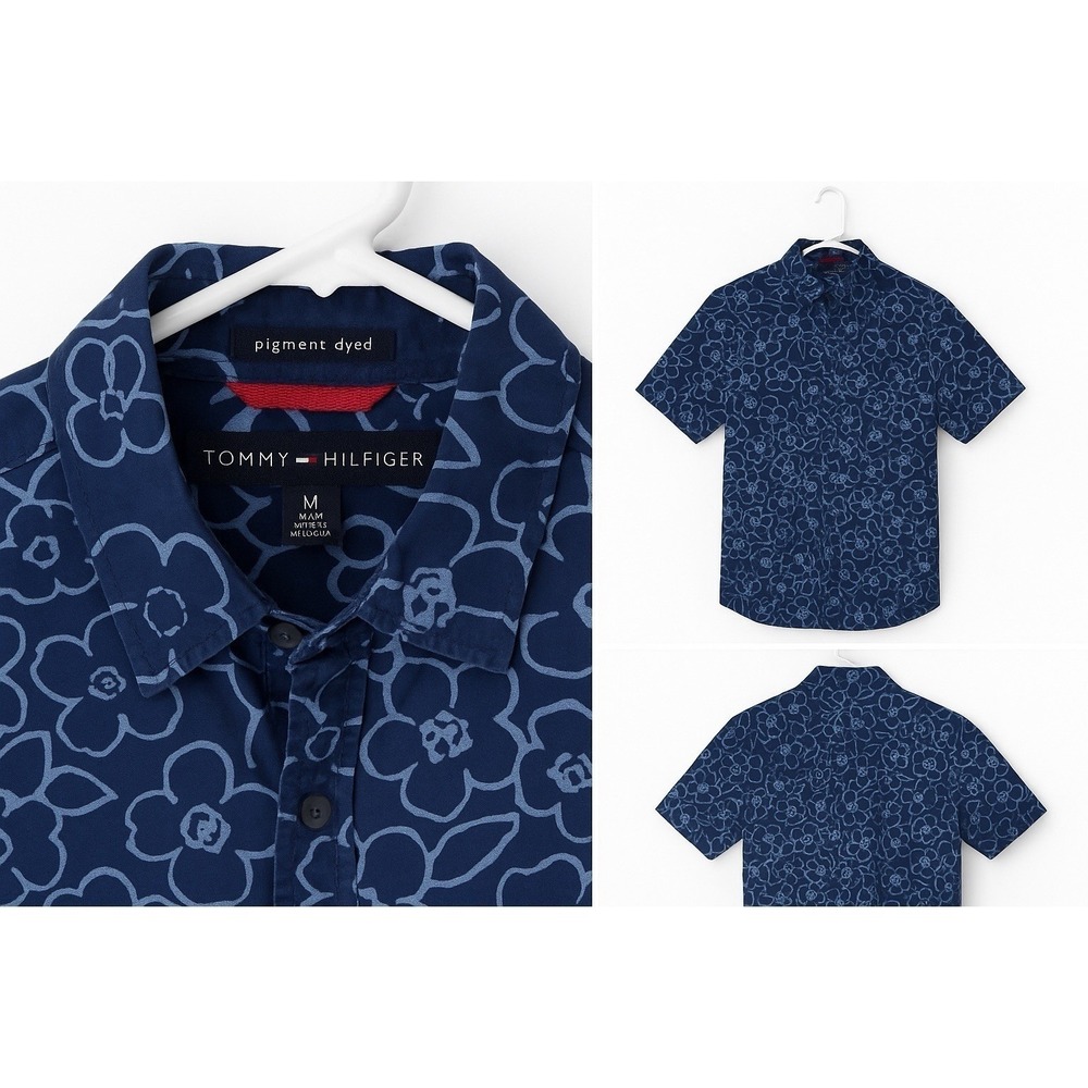 Tommy Hilfiger Men's Medium Floral Short Sleeve Shirt Blue Button up Front